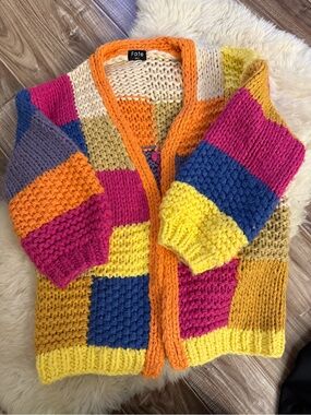Fate Multi-Color Patchwork Chunky Knit Cardigan Sweater